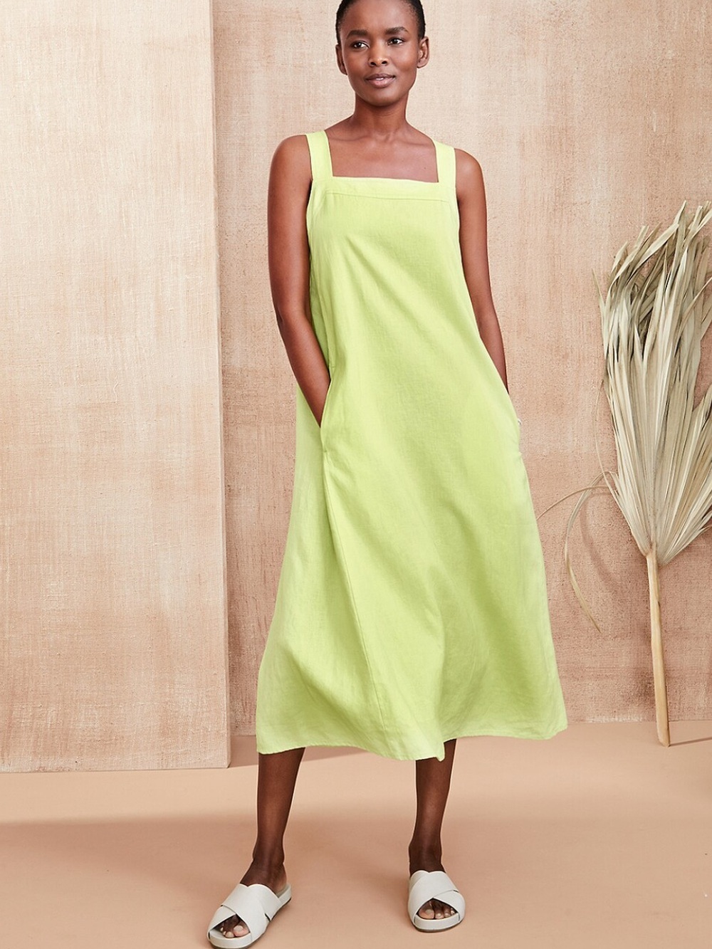 EILEEN FISHER Organic-Linen Square-Neck Dress Honeydew Size Large - Picture 1 of 17